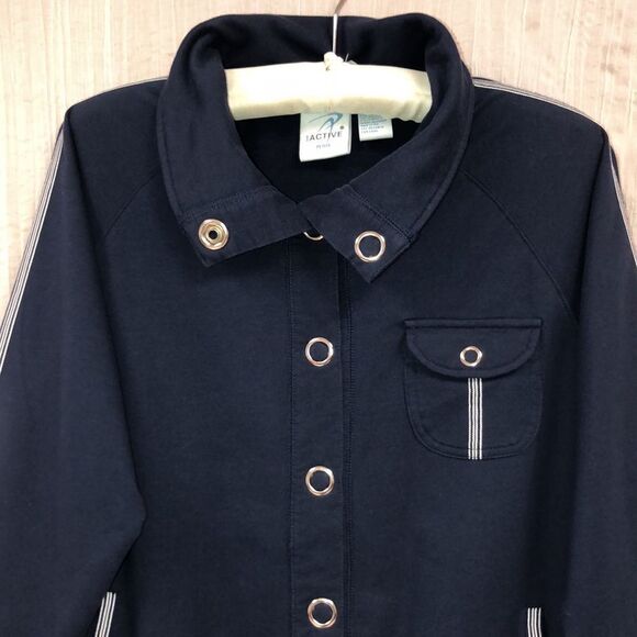 IActive PL Navy White Tripe Detail Snap Closure Mock Neck Athletic Jacket - Picture 2 of 14